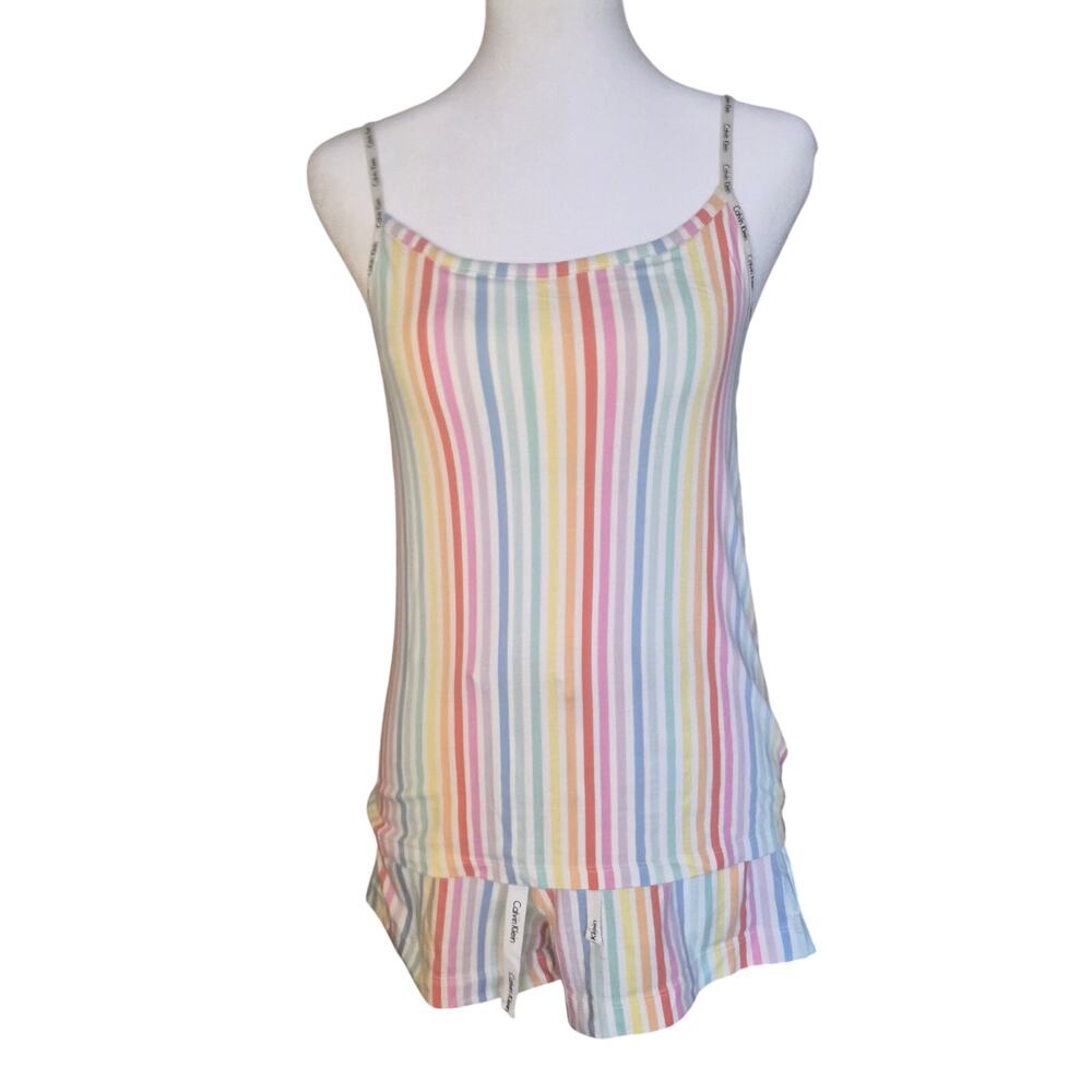 Calvin Klein Rainbow Stripe Logo Sleepwear Pajamas Set Tank + Shorts S